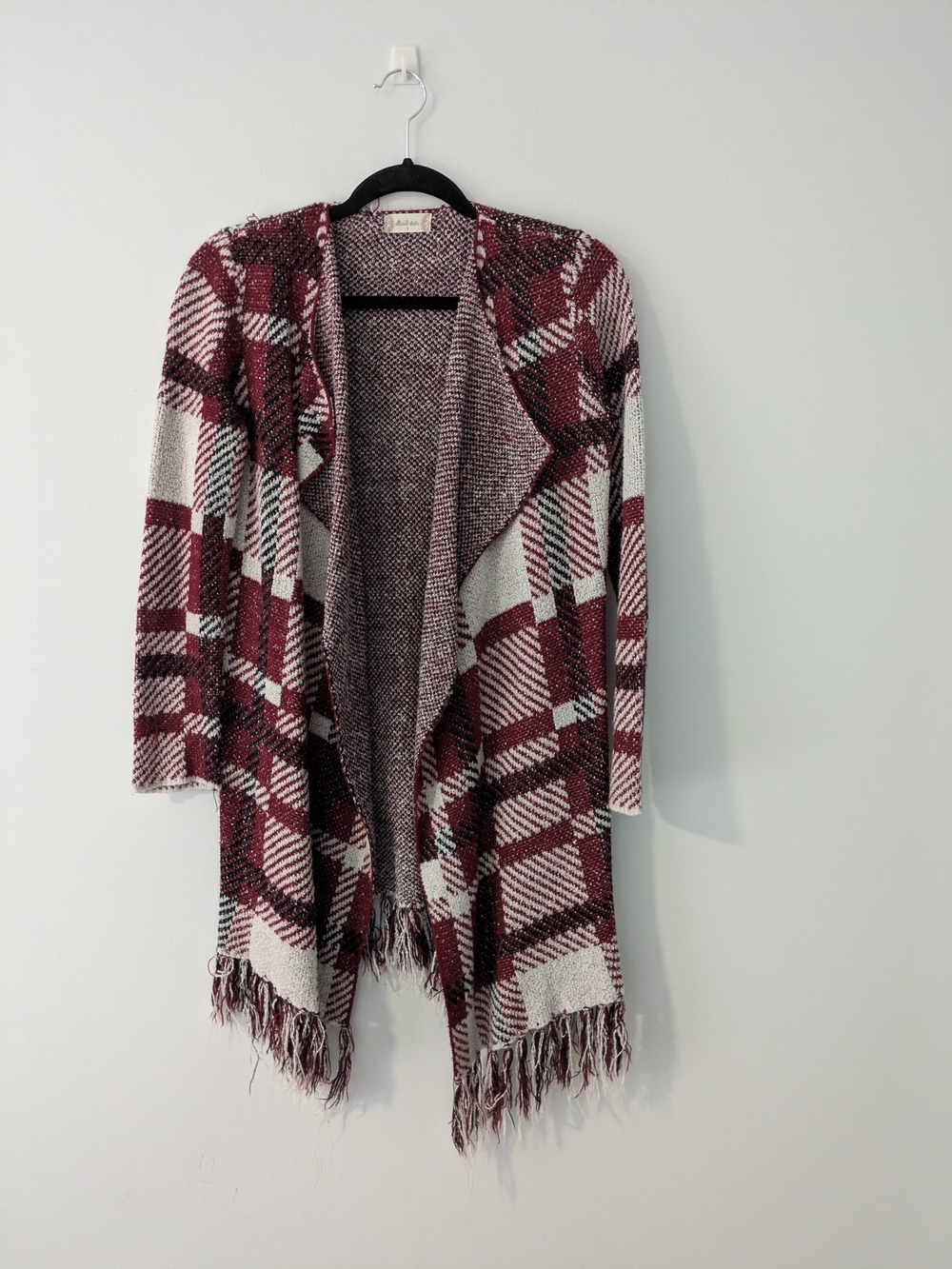 Altar'd State Burgundy & White Plaid Fringe Open-Front Cardigan